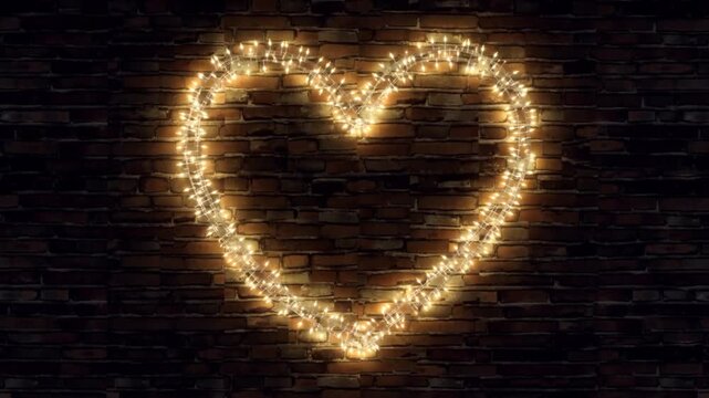 Heart shape made of warm fairy lights glowing on a dark brick wall at dusk concept of magical romance and cozy outdoor decoration