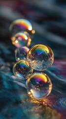 Iridescent Soap Bubbles Floating with Colorful Reflections on Dark Background