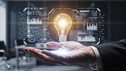 Bright glowing light bulb hologram floating above open palm with transparent data charts and circuitry overlay modern office businessman palm presenting holographic digital interface with glowing - Powered by Adobe