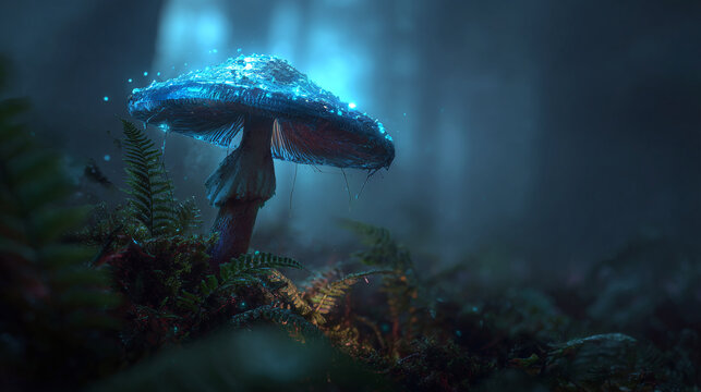 A mesmerizing image of a bioluminescent mushroom glowing in a mystical forest, it evokes a sense of wonder and enchantment