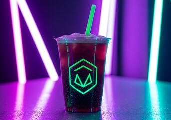 A neon lit cold drink with a straw in a plastic cup with a glowing green logo on the side on a purple background