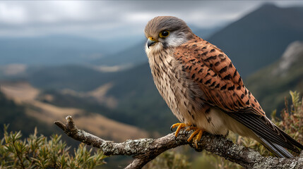 Kestrel perched on branch in mountainous landscape  isolated on jpg file