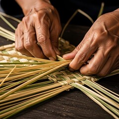 Intricate weaving by older hands, showcasing craftsmanship and detail