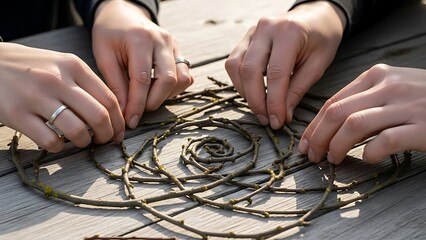 Intricate twig arrangement, a collaborative nature art project in progress