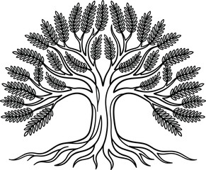 Obraz premium Tree of life line art illustration, roots and branches symbol, black outline vector isolated on white background nature design concept