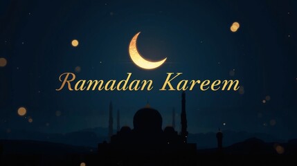Ramadan Kareem 3D Dark Blue Night Scene with Crescent Moon Glow