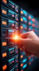 Hand interacting with glowing server in data center environment
