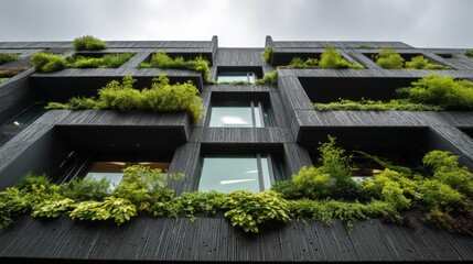 Modern architectural facade with integrated vertical gardens and green balconies, showcasing sustainable urban design principles and eco-friendly building practices