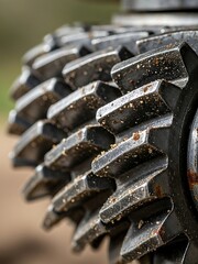 Macro of a dirty and rusty gear mechanism, symbolizing industrial processes