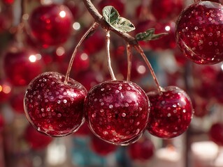 Luxury Sparkling Cherry Fruit Ornaments Covered in Shimmering Glitter and Diamonds on Festive Branch for Christmas Holiday Celebration Background