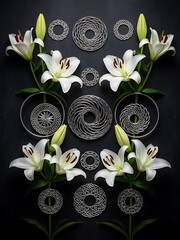 Luminous lilies paired with circular designs on a dark textured background