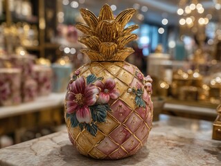 Luxury Ornamental Ceramic Pineapple Figurine with Intricate Pink Floral Carvings and Golden Crown Detail on Elegant Marble Surface with Soft Bokeh Boutique Background