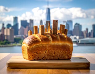 A loaf of bread with wooden building replicas in front of a city