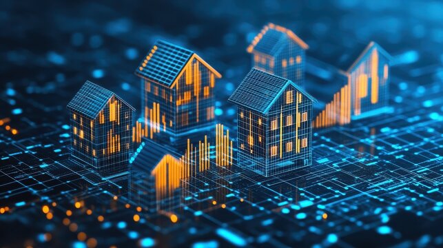 Abstract visualization of digitized residential homes represented by glowing wireframe structures interconnected on a glowing blue circuit board symbolizing real estate technology or smart city planni - Powered by Adobe