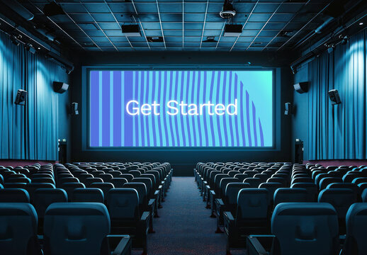 Empty Cinema With Blue Lighting On Screen Mockup PSD