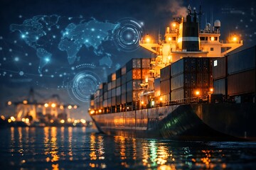 Modern Container Ship at Night with Close-Up Details Illustrating Global Trade and Supply Chain Network