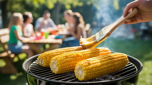 Grilled corn on the cob being buttered at a summer barbecue