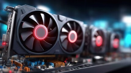 High-performance computer graphics card with red LED fans on circuit board