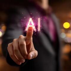 Businessman interacting with futuristic AI interface in modern workspace