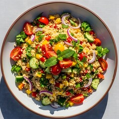 Delicious and healthy quinoa salad with mixed vegetables in a bowl