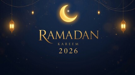 Ramadan Kareem 2026 Luxury Islamic Background with Golden Crescent and Lanterns