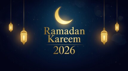 Ramadan Kareem 2026 Luxury Islamic Background with Golden Crescent and Lanterns