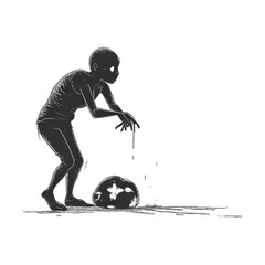 A black silhouette illustration of a female soccer player in action running with a football and jumping with the ball