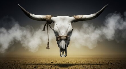 Powerful bull skull with bandana and feathers mystical native american art