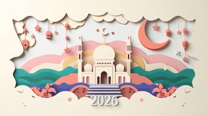 Ramadan 2026 Paper Cut Islamic Scene with Crescent and Mosque