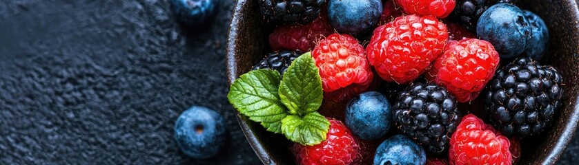 Close-up view of assorted berries in a bowl.