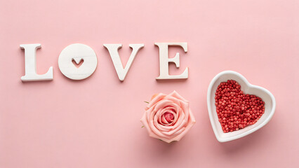 Valentine's Day flat lay composition on pastel pink background with LOVE text, heart shaped bowl, and rose