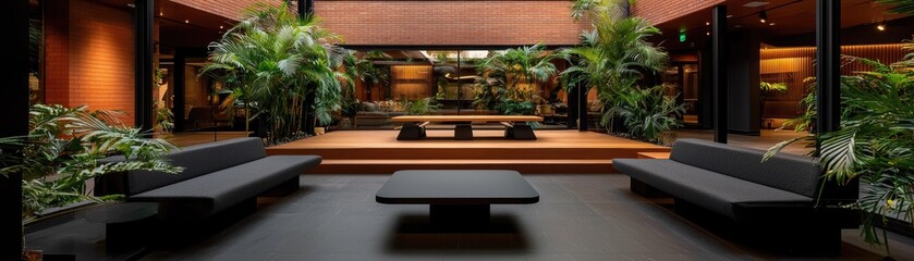 Tranquil interior courtyard with lush greenery and comfortable seating.
