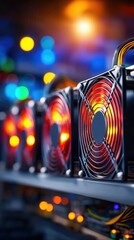Close-up of computer fans with vibrant red and orange glowing lights