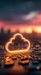 Glowing cloud icon on circuit board at sunset cityscape