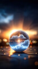 Crystal ball reflecting sunset with clouds and bokeh lights