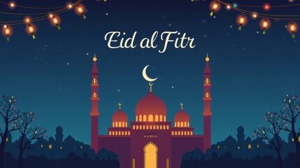 Eid al Fitr Islamic Greeting with Mosque and Crescent Moon
