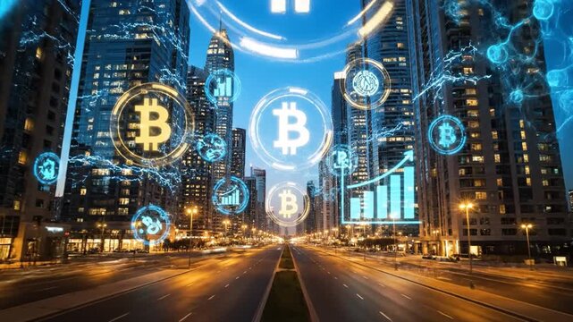 Cityscape at dusk with futuristic Bitcoin symbols floating above a bustling road