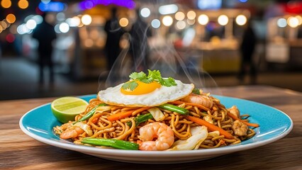 Sizzling Asian Noodle Dish Garnished with Fried Egg and Fresh Lime
