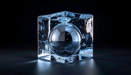 A clear ice cube encasing a mirrored sphere, black background
