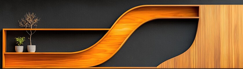 Curved wooden shelving unit with dark background.