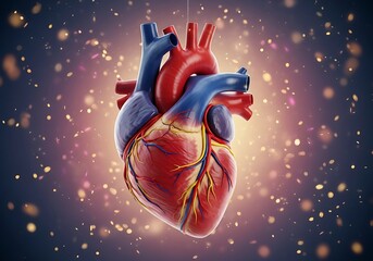 A highly detailed anatomical illustration of a human heart with vibrant red and blue coloring showcasing its intricate