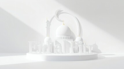 Eid al Fitr 3D Minimal White Scene with Mosque and Crescent