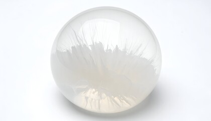 A clear orb with white, feathery wisps suspended inside, against white backdrop