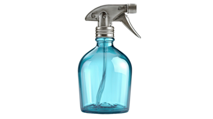 Transparent blue spray bottle with silver nozzle, dark backdrop