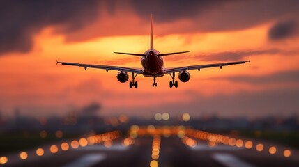 Plane landing sunset