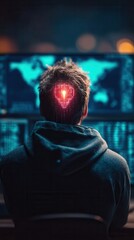 Hacker with glowing red digital heart on head in front of computer screen