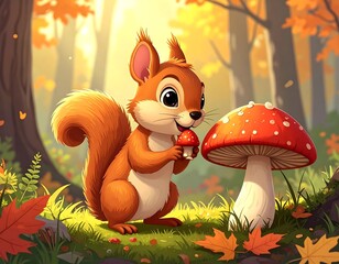 Cartoon squirrel in autumn forest holding mushroom, large mushroom nearby