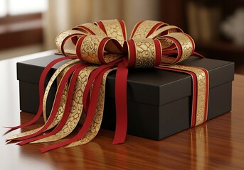 Sophisticated black gift box adorned with ornate golden and ruby ribbon ready for a special celebration or meaningful