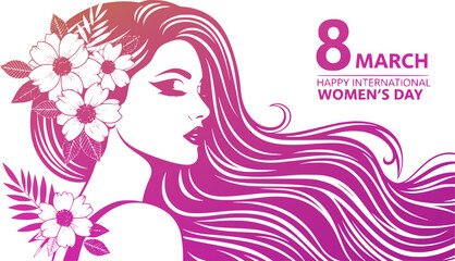 International Women's Day design. International Women's Day celebration poster or banner design with a woman and butterfly and text. Featuring beauty of a woman with freedom and serenity. EPS version.