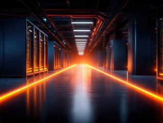 Futuristic server room with glowing orange lights on floor